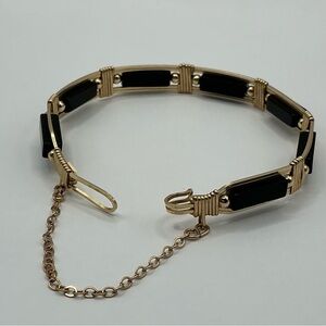 Vintage Handmade Black Onyx Bracelet with Gold-Tone Wire Wrapping
